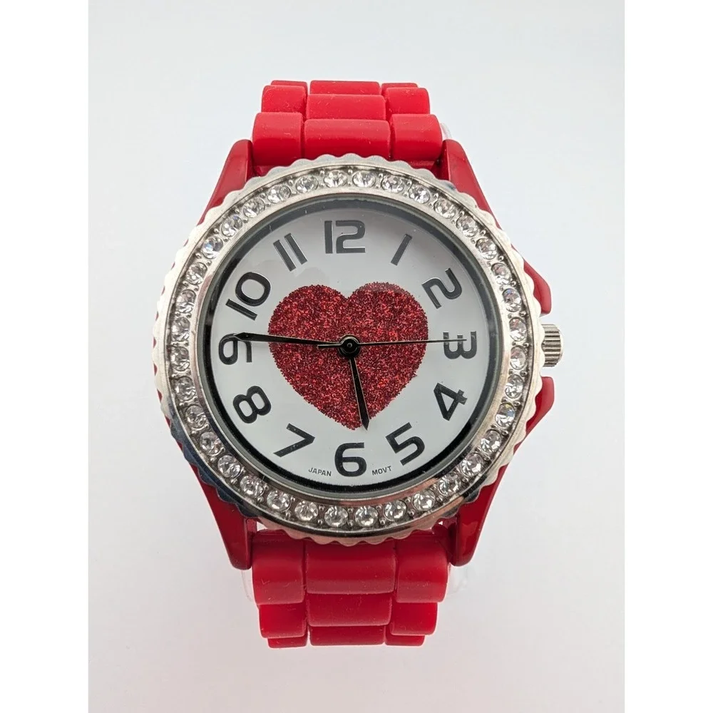 Geneva Platinum Heart Dial Watch Women 38mm Case Red Silicone‎ Band- New Battery